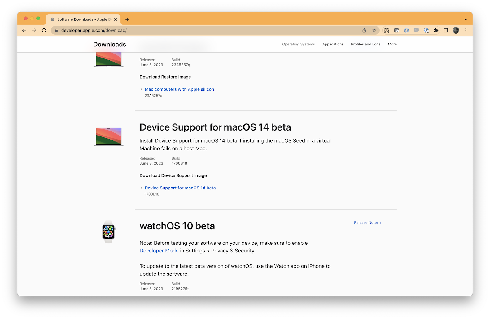 Screenshot from the Apple Developer portal showing Device Support package in the download section